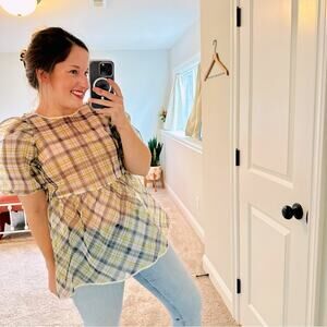 Aritzia Le Fou Wilfred Sheer Yellow Black Plaid Blouse XS